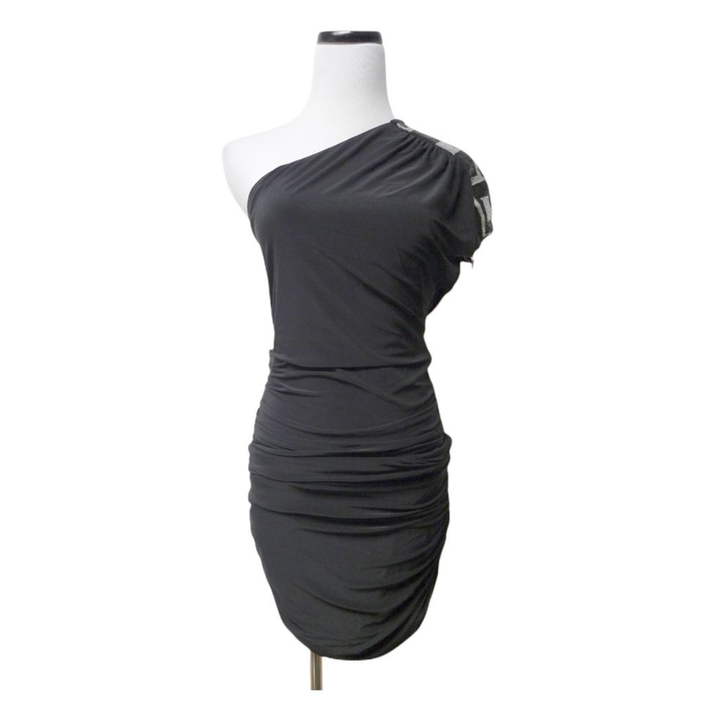 asymmetrical black beaded bodycon dress